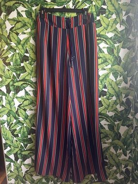 Striped Wide-Leg Women’s Pants - Navy with Orange & White Stripes